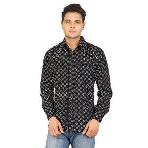 Rajasthani Hand Block Boota Print Men Designer Black Full Sleeve Shirt