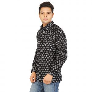 Rajasthani Hand Block Boota Print Men Designer Black Full Sleeve Shirt