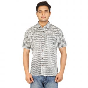 Men’s Jaipuri Hand Block Print White Casual Cotton Shirt