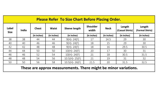 Size Chart Shirts Formal Ca