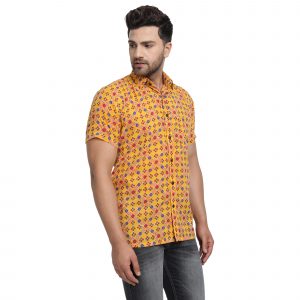 Men’s Jaipuri Hand Block Print Yellow Bandhej Half Sleeve Shirt